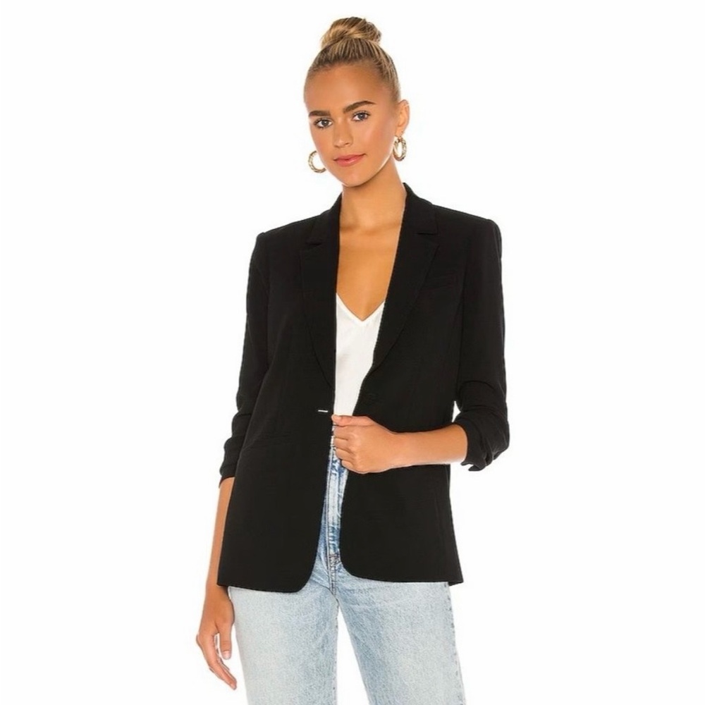 Cinq A Sept Khloe Crepe 3/4 Ruched Sleeve Blazer In Black Size 14 Retail $395 - Picture 2 of 9